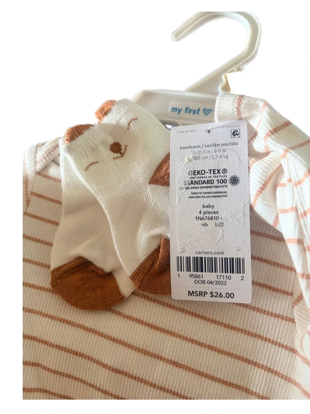 Carter's Cream & Rust Striped 4-Piece Pajama Set with Animal Socks & Bear Hat